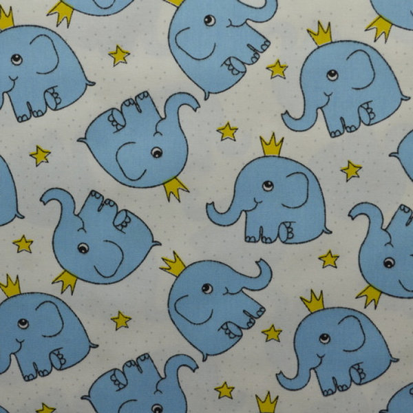 Weißer Baumwollstoff mit blauen Elefanten