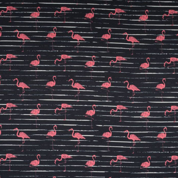 gestreifter Baumwolljerseystoff mit Flamingos in marineblau